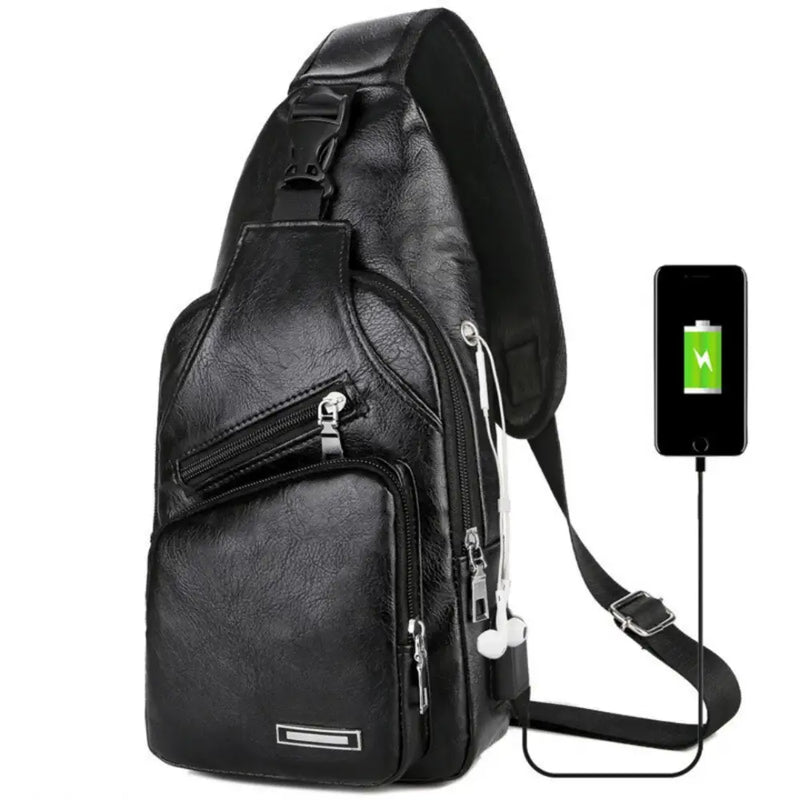 Bolsa Transversal de Couro Unissex Preto Bolsa Transversal de Couro Unissex