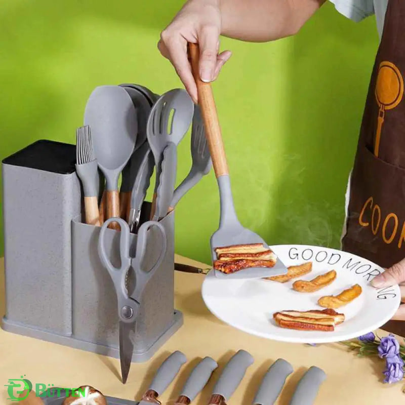 Kit de Utensílios de Cozinha em Silicone - Jogo de 19 Utensílios Preto