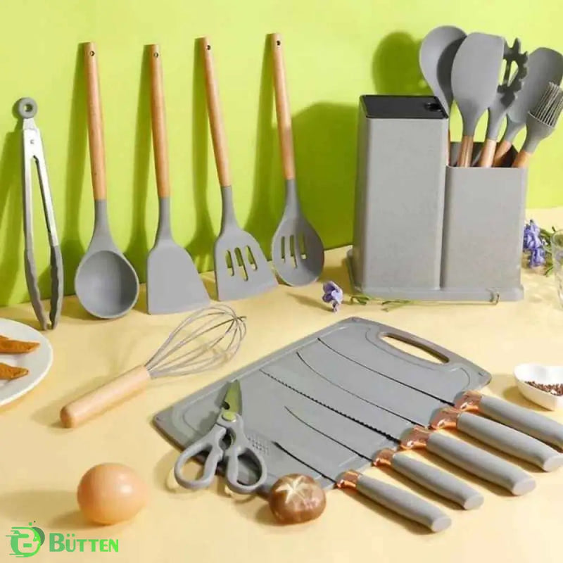 Kit de Utensílios de Cozinha em Silicone - Jogo de 19 Utensílios Preto