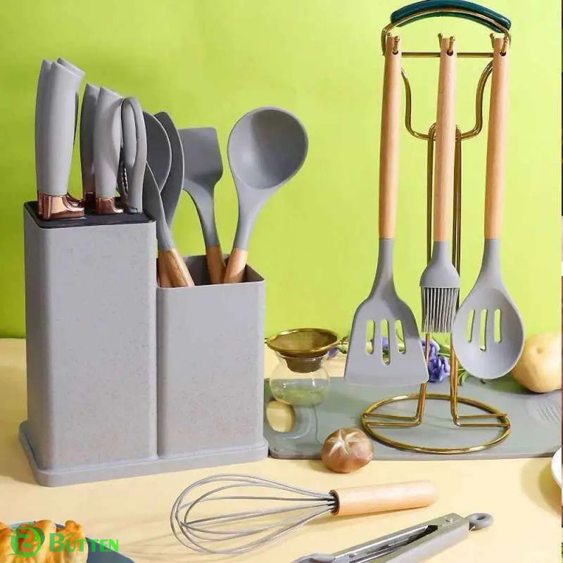 Kit de Utensílios de Cozinha em Silicone - Jogo de 19 Utensílios Preto